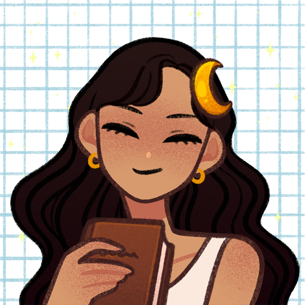 Illustrated portrait of Maya Avendaño holding a book, with a crescent moon in her hair and stars on a grid