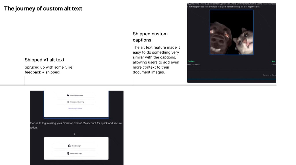 Slide showing shipped custom captions on a document image and the first version of the alt text flow